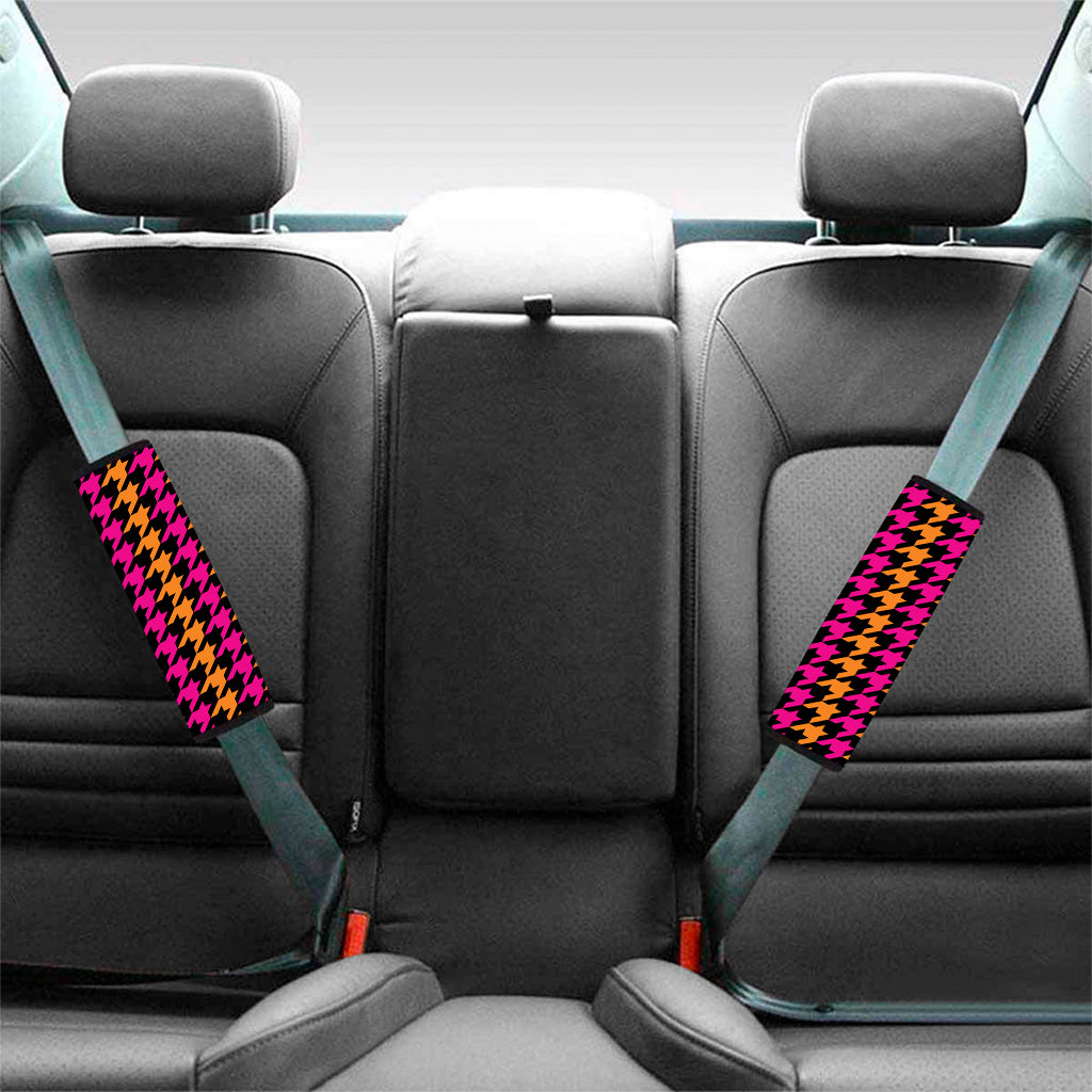 Orange Pink And Black Houndstooth Print Car Seat Belt Covers