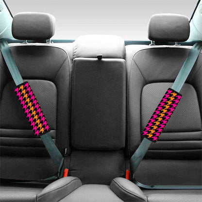 Orange Pink And Black Houndstooth Print Car Seat Belt Covers