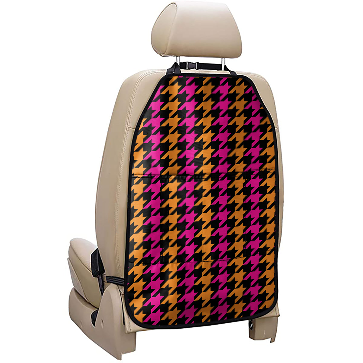 Orange Pink And Black Houndstooth Print Car Seat Organizers