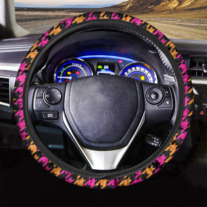 Orange Pink And Black Houndstooth Print Car Steering Wheel Cover