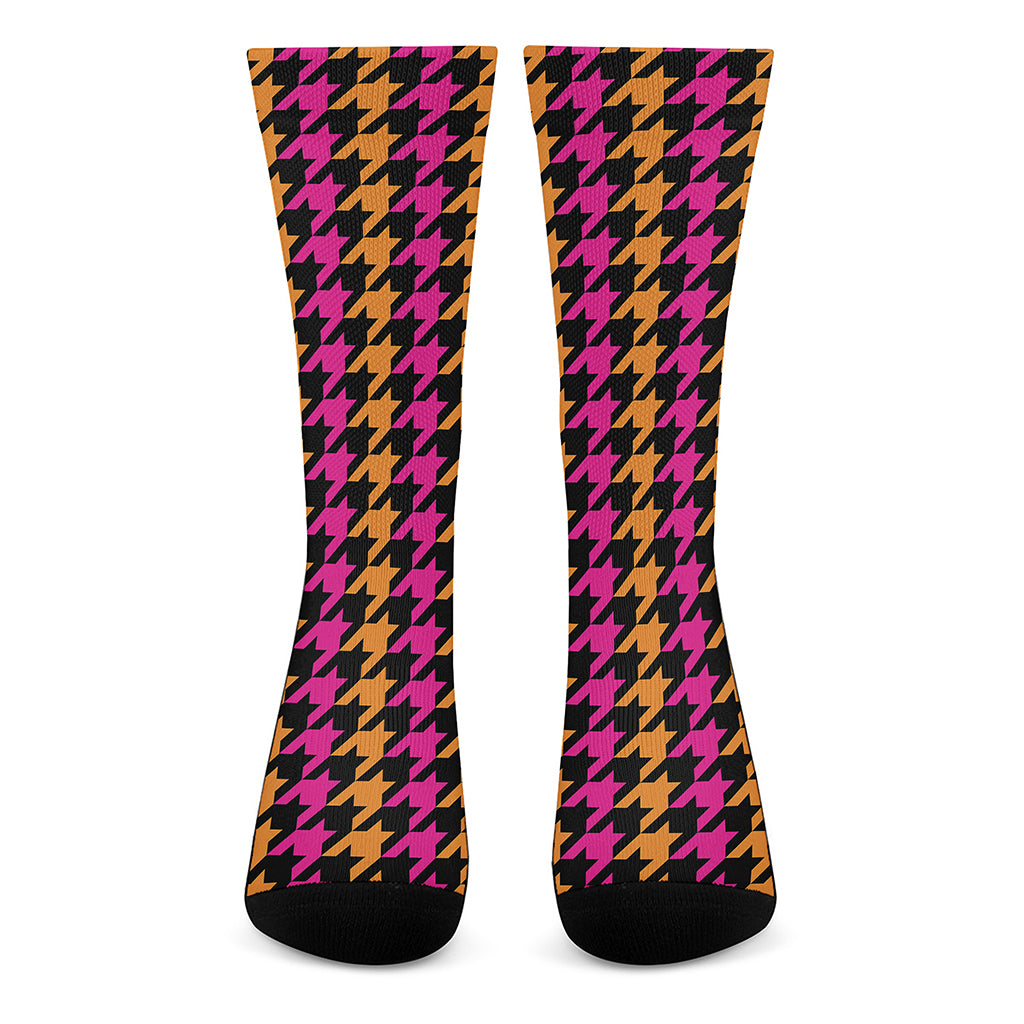 Orange Pink And Black Houndstooth Print Crew Socks