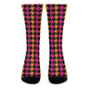 Orange Pink And Black Houndstooth Print Crew Socks