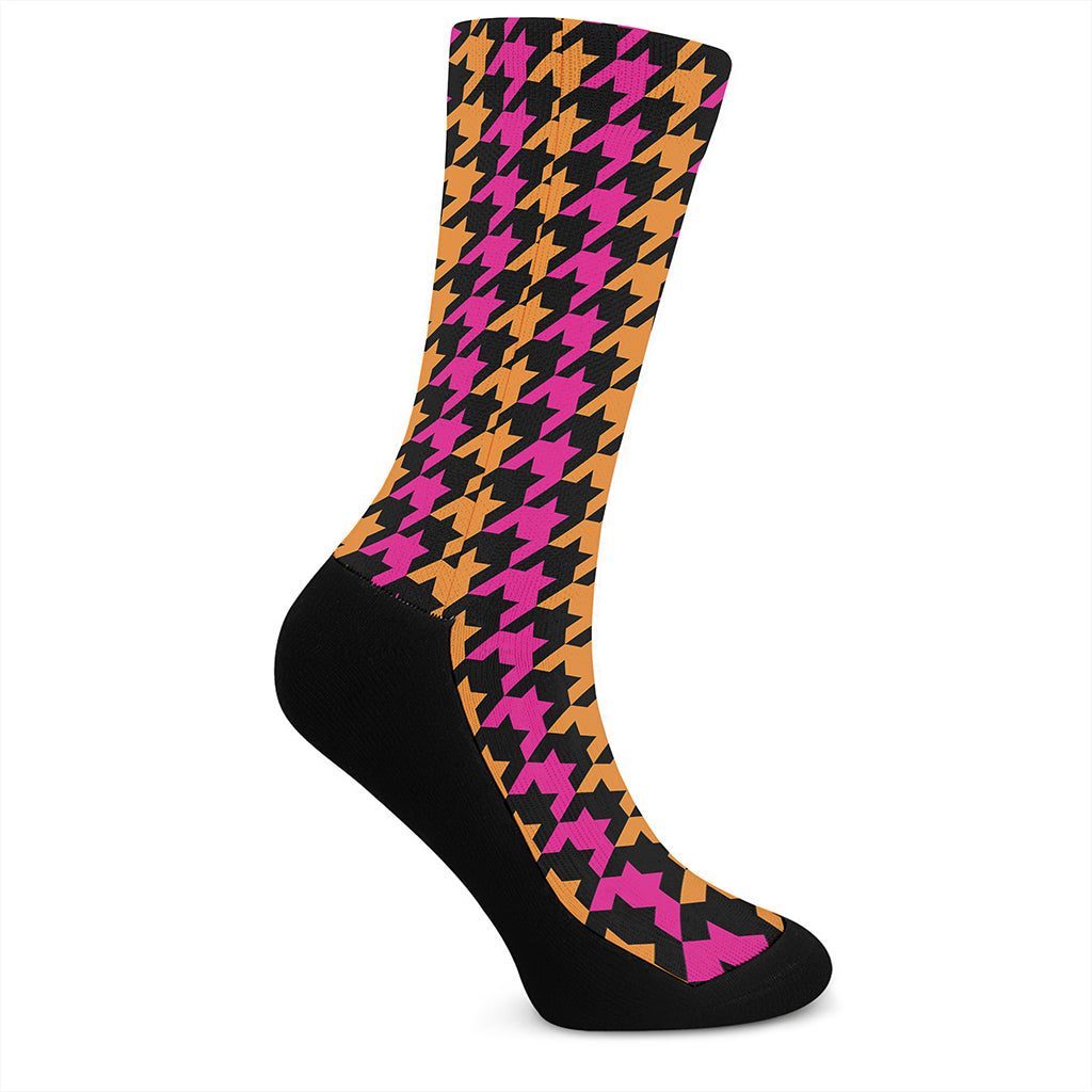 Orange Pink And Black Houndstooth Print Crew Socks