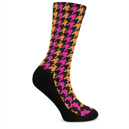 Orange Pink And Black Houndstooth Print Crew Socks
