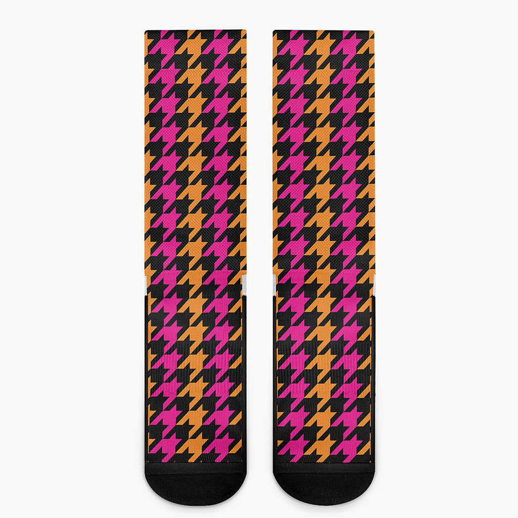 Orange Pink And Black Houndstooth Print Crew Socks