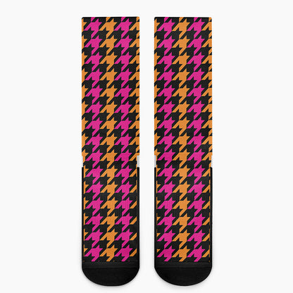 Orange Pink And Black Houndstooth Print Crew Socks