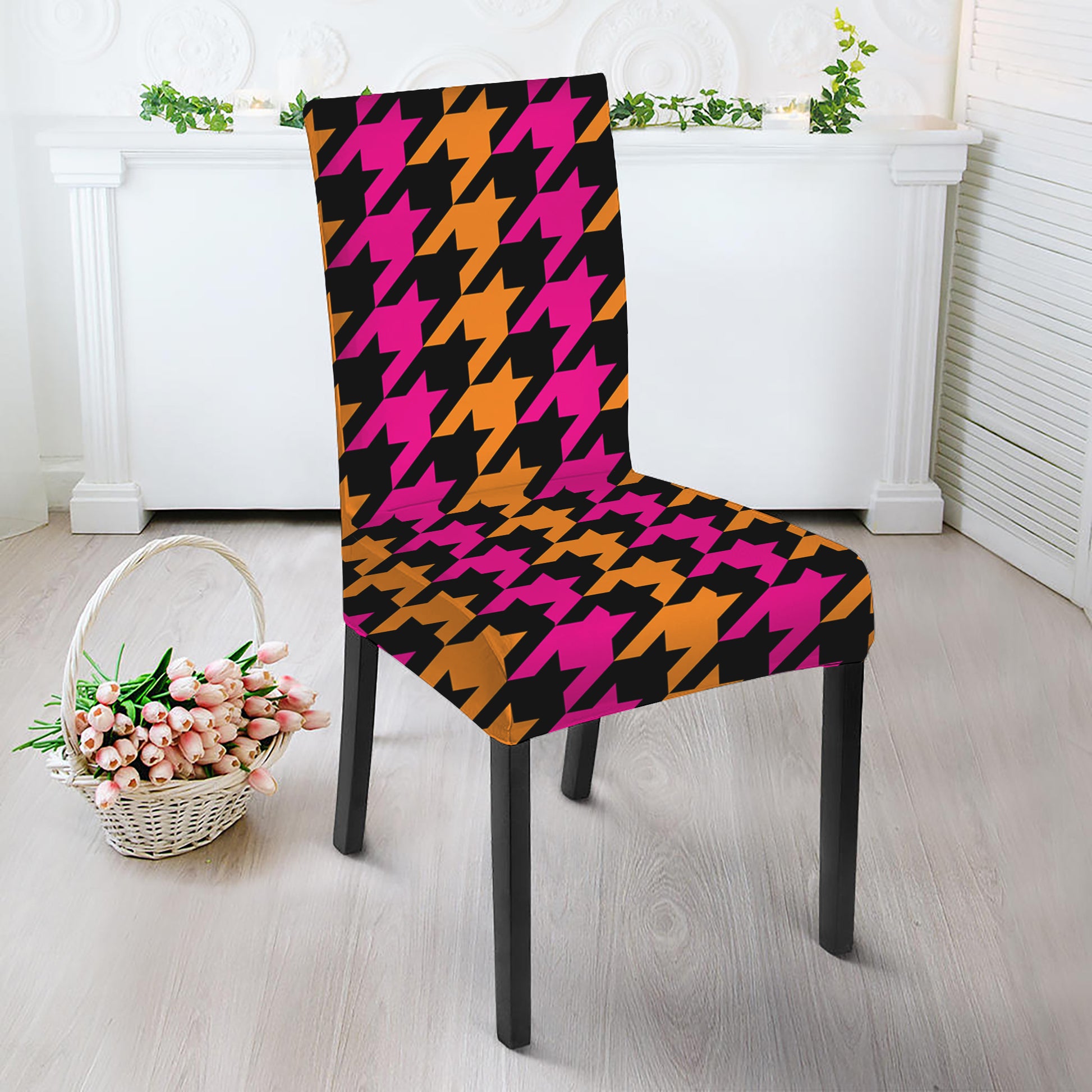 Orange Pink And Black Houndstooth Print Dining Chair Slipcover