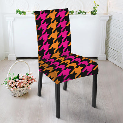 Orange Pink And Black Houndstooth Print Dining Chair Slipcover