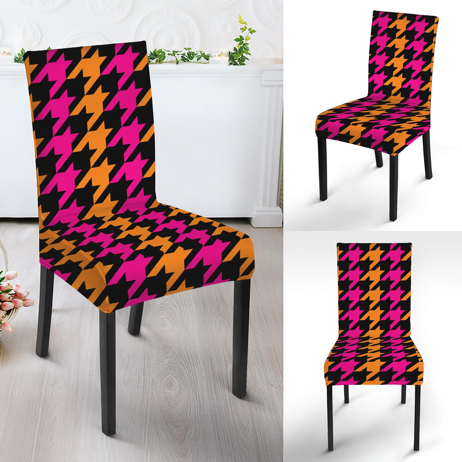 Orange Pink And Black Houndstooth Print Dining Chair Slipcover