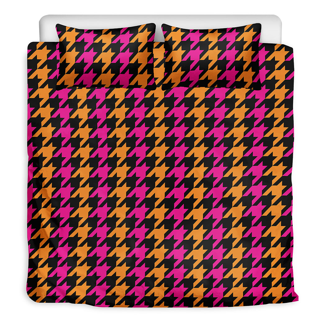 Orange Pink And Black Houndstooth Print Duvet Cover Bedding Set