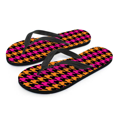 Orange Pink And Black Houndstooth Print Flip Flops