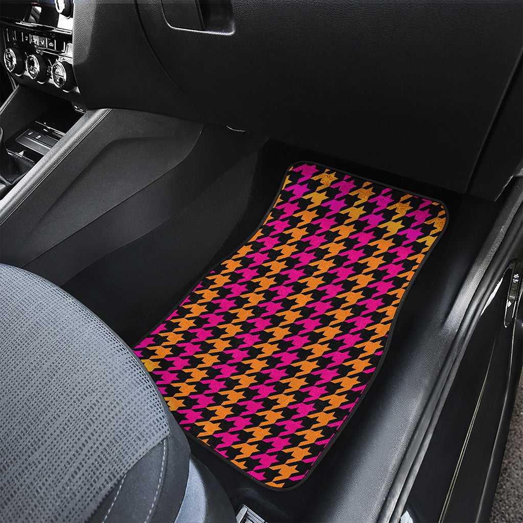 Orange Pink And Black Houndstooth Print Front and Back Car Floor Mats