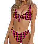 Orange Pink And Black Houndstooth Print Front Bow Tie Bikini