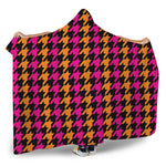 Orange Pink And Black Houndstooth Print Hooded Blanket