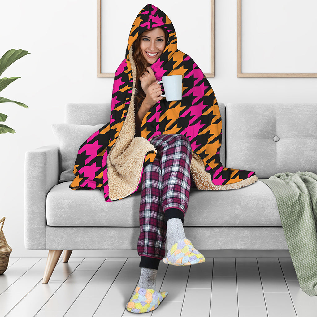 Orange Pink And Black Houndstooth Print Hooded Blanket