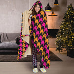 Orange Pink And Black Houndstooth Print Hooded Blanket