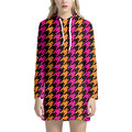 Orange Pink And Black Houndstooth Print Pullover Hoodie Dress