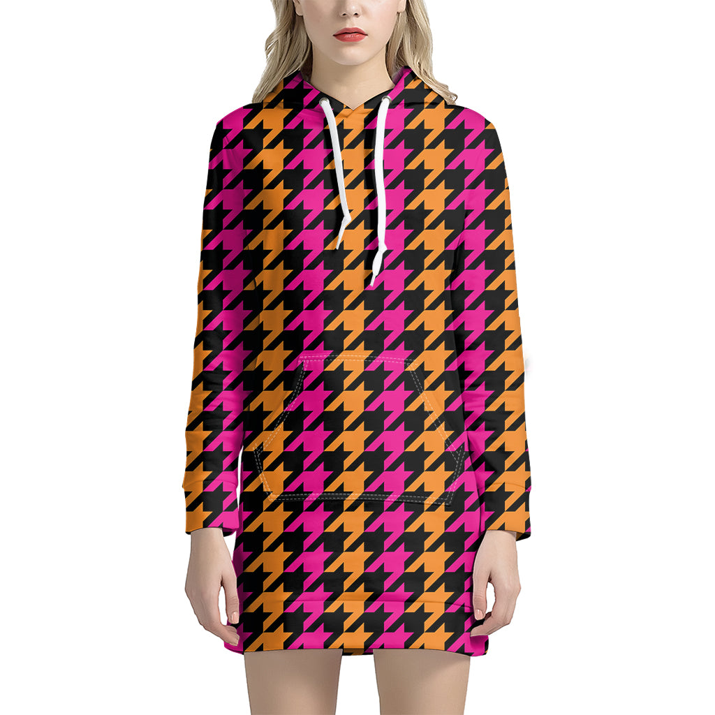 Orange Pink And Black Houndstooth Print Hoodie Dress