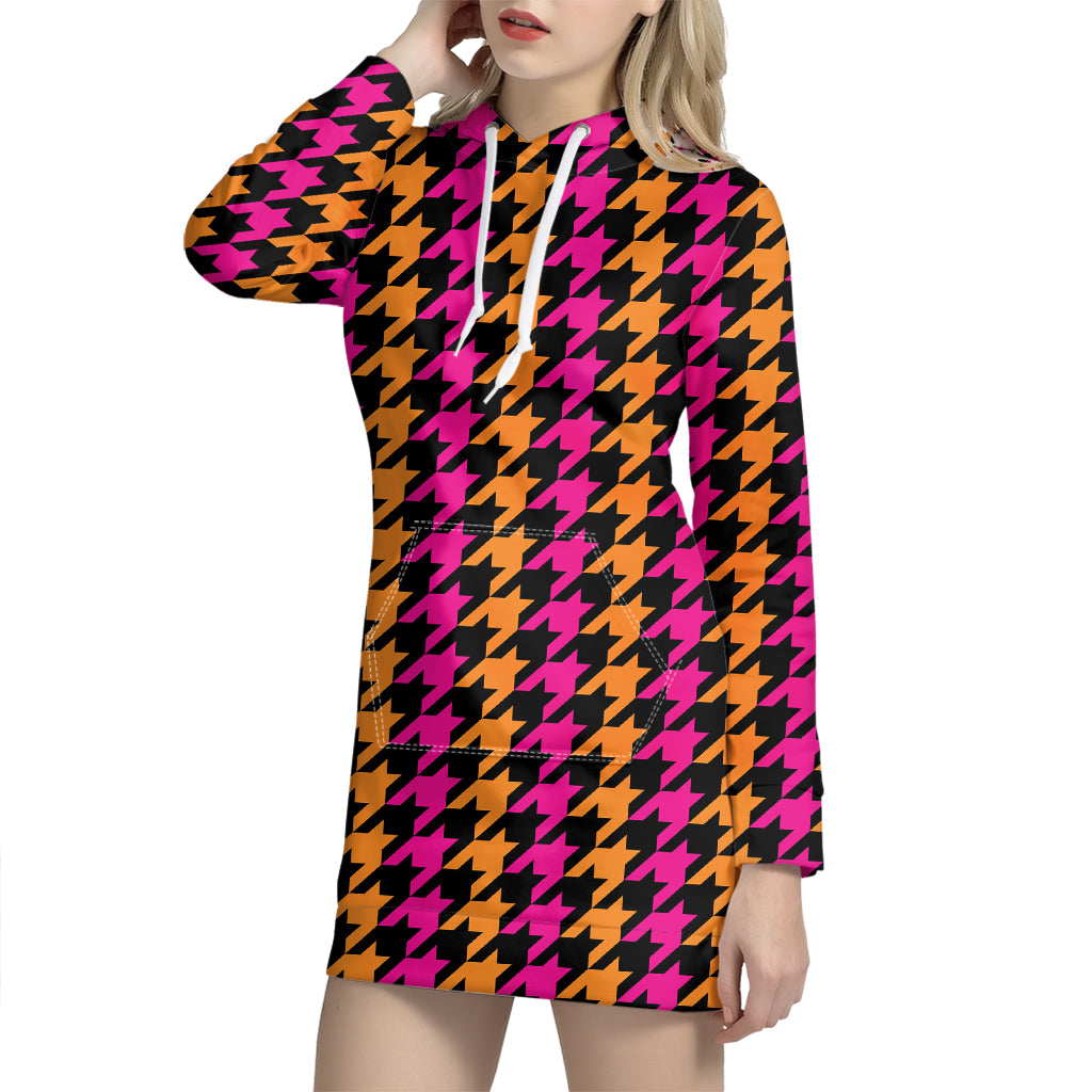 Orange Pink And Black Houndstooth Print Hoodie Dress