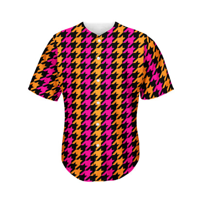 Orange Pink And Black Houndstooth Print Men's Baseball Jersey