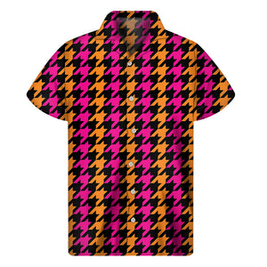 Orange Pink And Black Houndstooth Print Men's Short Sleeve Shirt