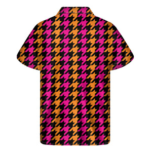 Orange Pink And Black Houndstooth Print Men's Short Sleeve Shirt