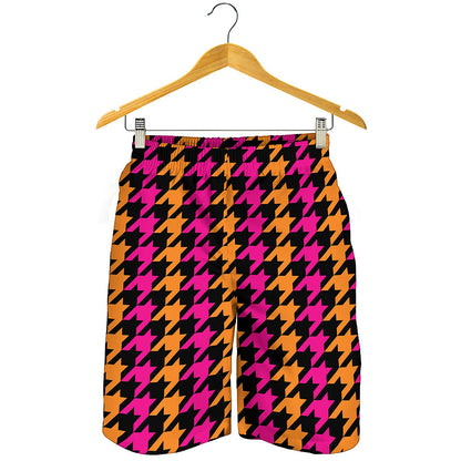 Orange Pink And Black Houndstooth Print Men's Shorts