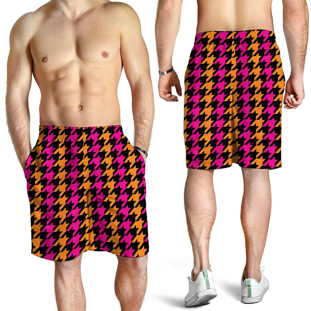 Orange Pink And Black Houndstooth Print Men's Shorts