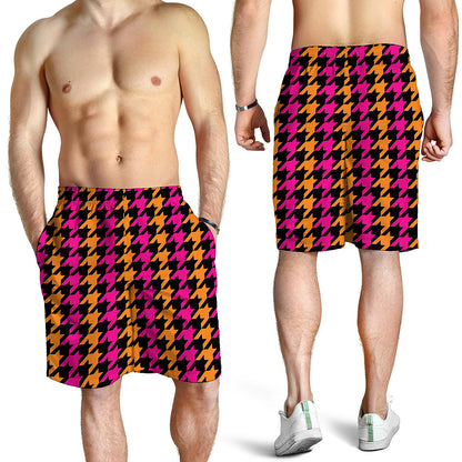 Orange Pink And Black Houndstooth Print Men's Shorts