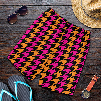 Orange Pink And Black Houndstooth Print Men's Shorts