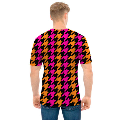 Orange Pink And Black Houndstooth Print Men's T-Shirt