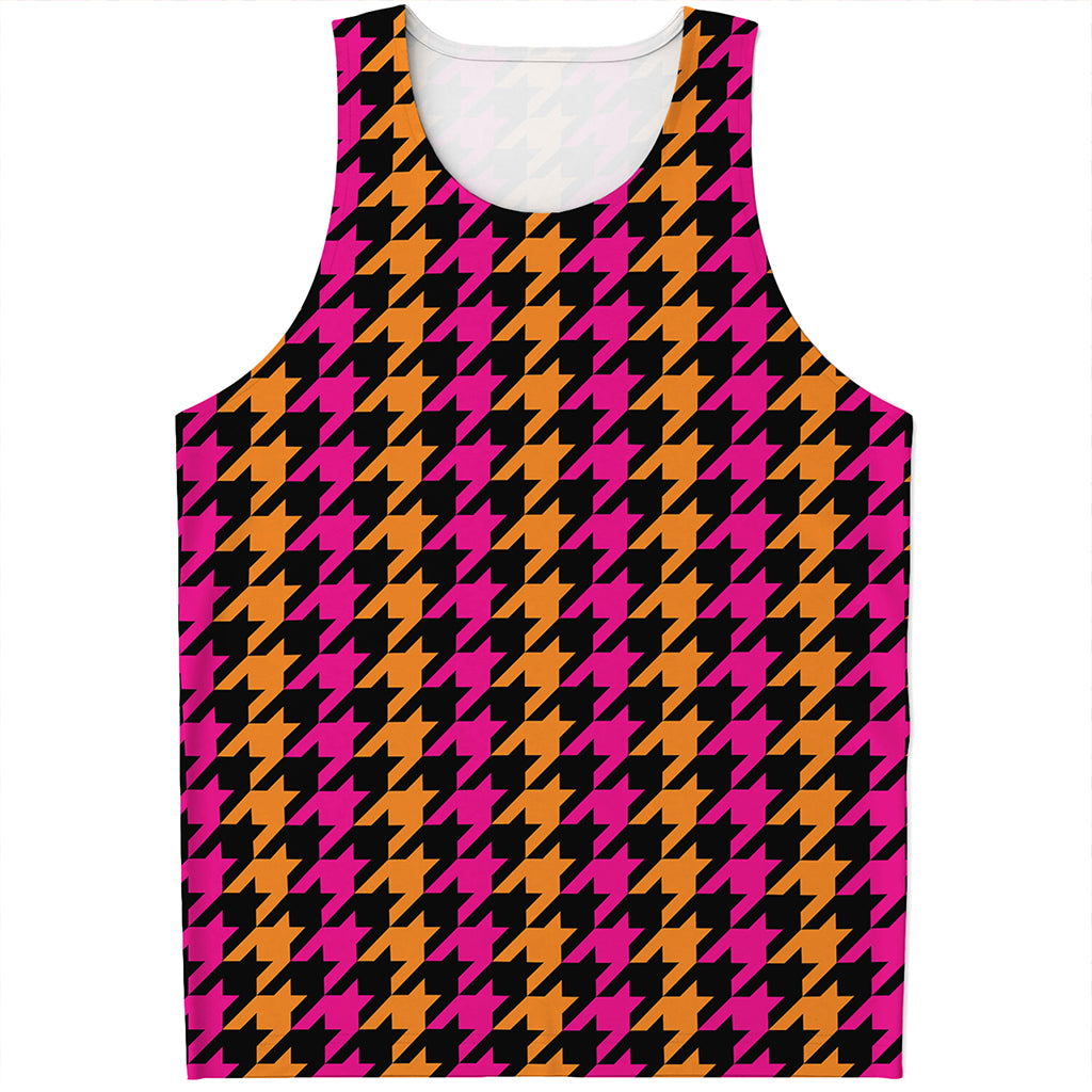 Orange Pink And Black Houndstooth Print Men's Tank Top