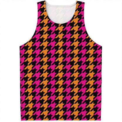 Orange Pink And Black Houndstooth Print Men's Tank Top