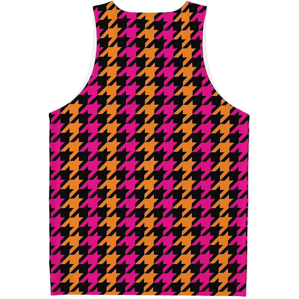 Orange Pink And Black Houndstooth Print Men's Tank Top