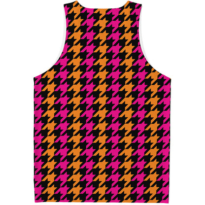 Orange Pink And Black Houndstooth Print Men's Tank Top