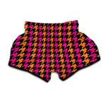 Orange Pink And Black Houndstooth Print Muay Thai Boxing Shorts