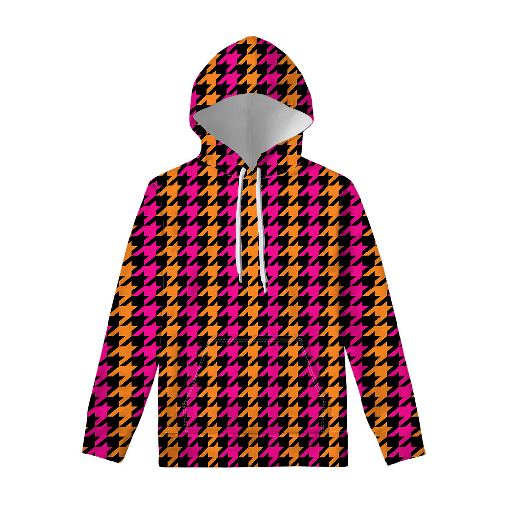 Orange Pink And Black Houndstooth Print Pullover Hoodie