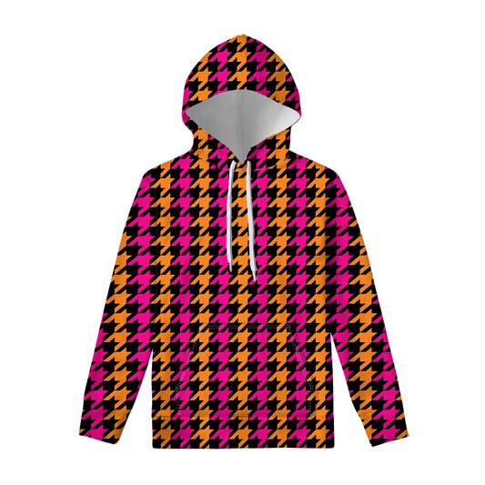 Orange Pink And Black Houndstooth Print Pullover Hoodie