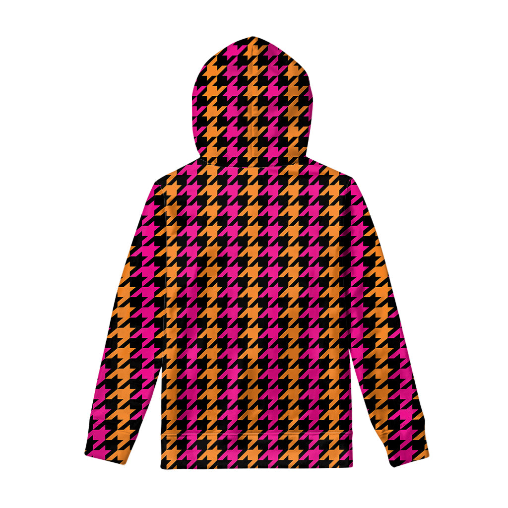 Orange Pink And Black Houndstooth Print Pullover Hoodie