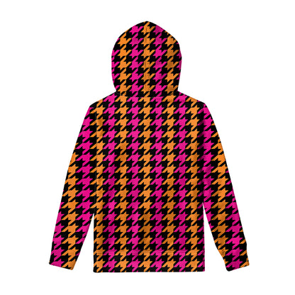 Orange Pink And Black Houndstooth Print Pullover Hoodie