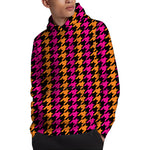 Orange Pink And Black Houndstooth Print Pullover Hoodie