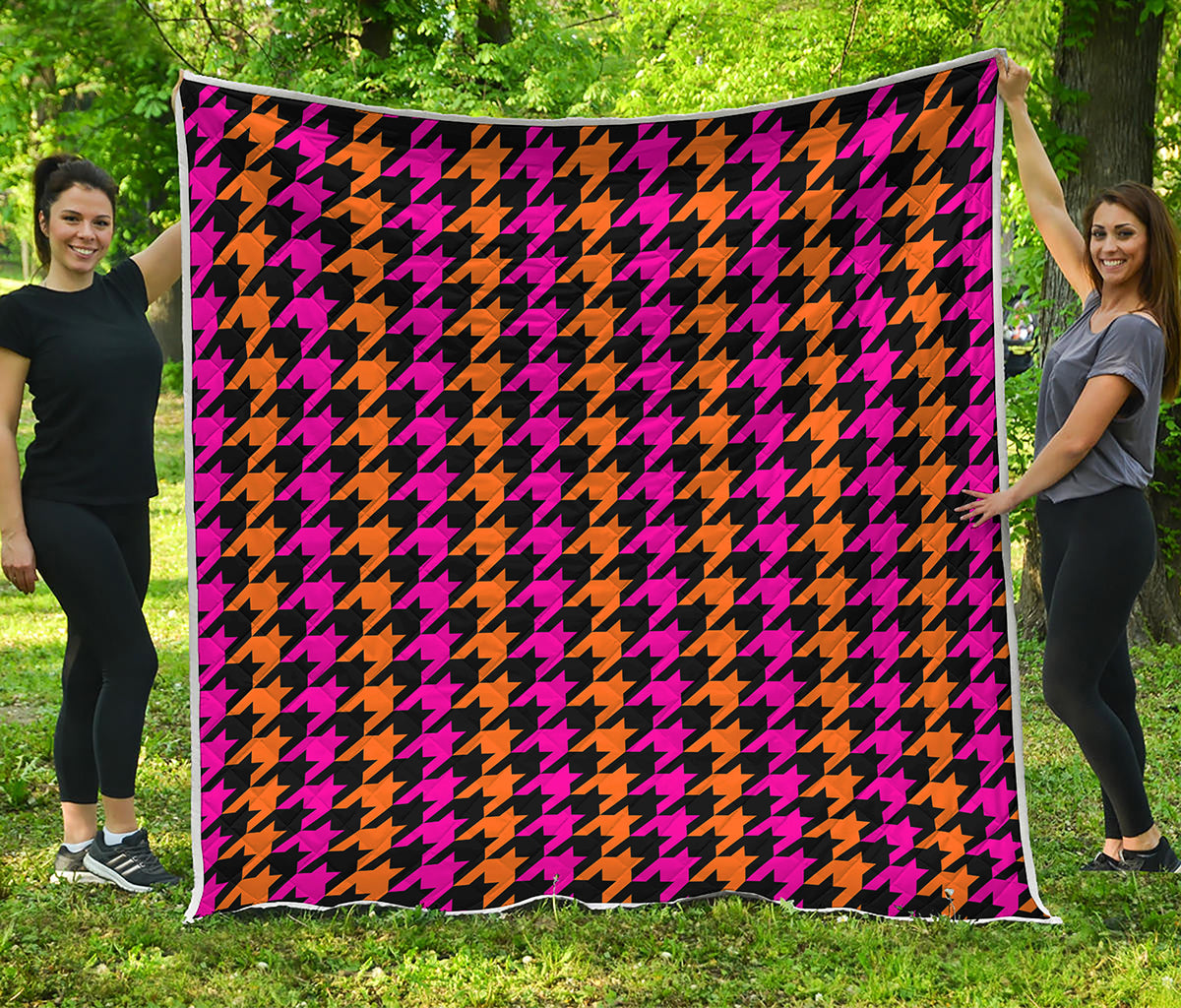 Orange Pink And Black Houndstooth Print Quilt
