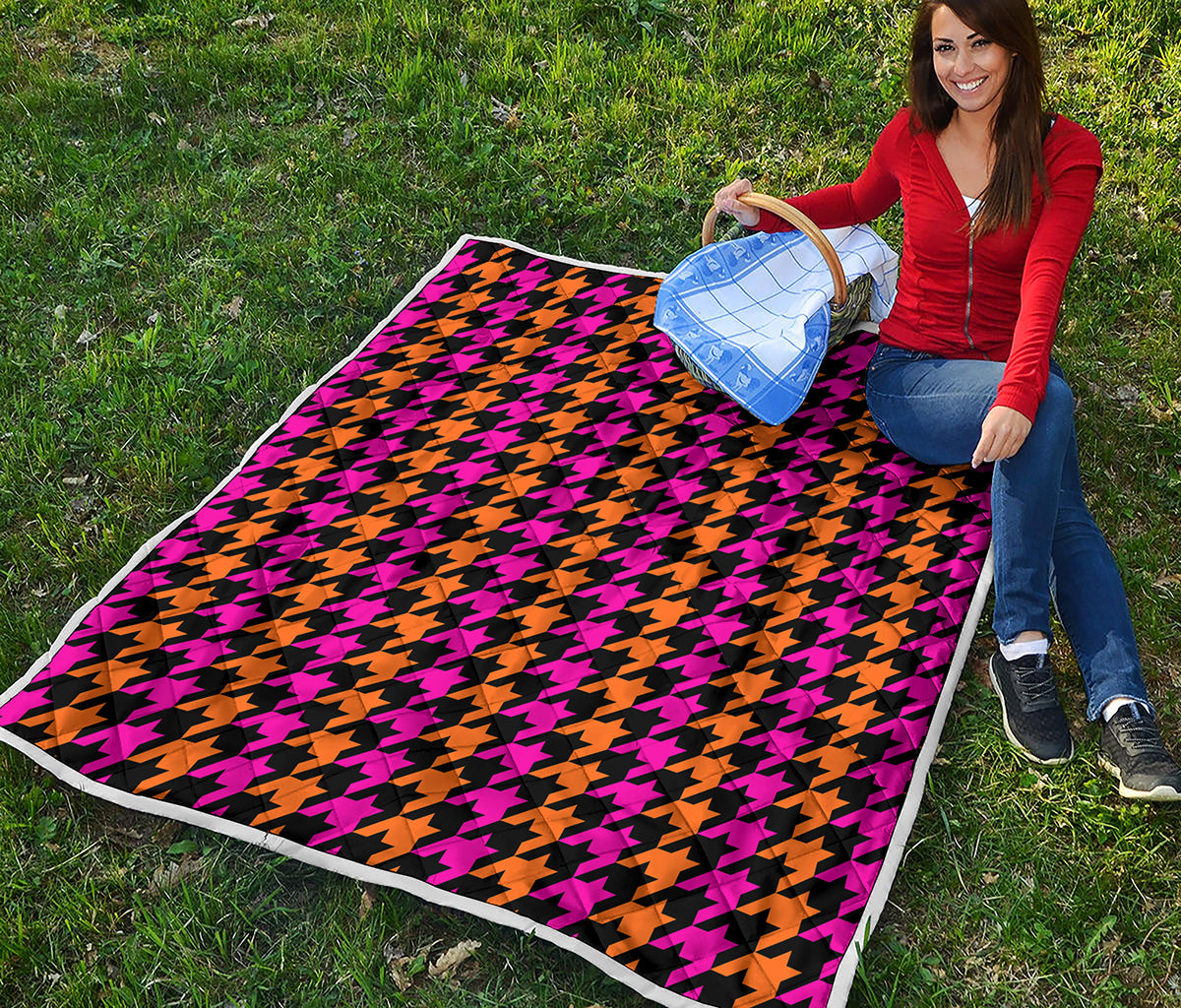 Orange Pink And Black Houndstooth Print Quilt