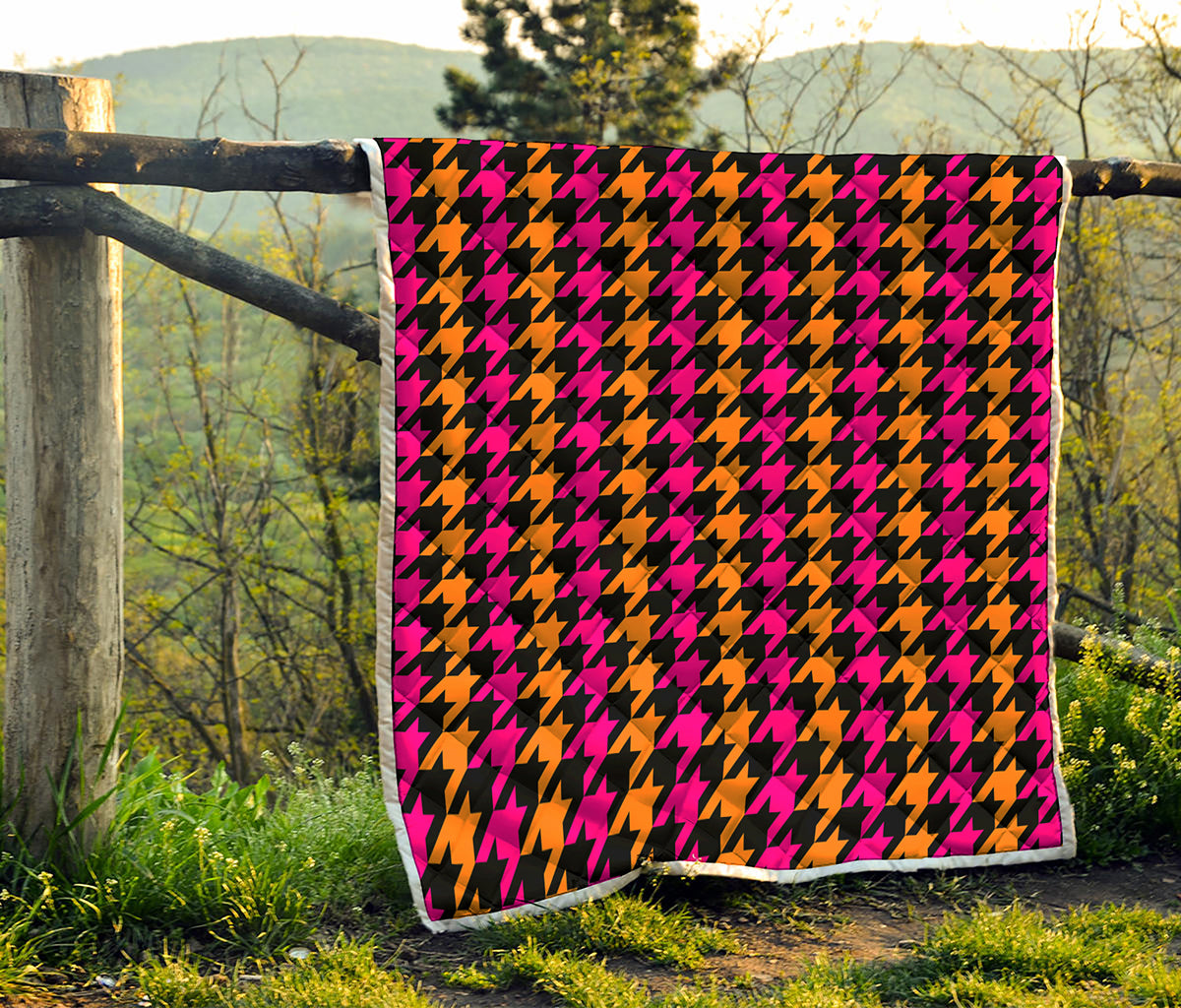 Orange Pink And Black Houndstooth Print Quilt
