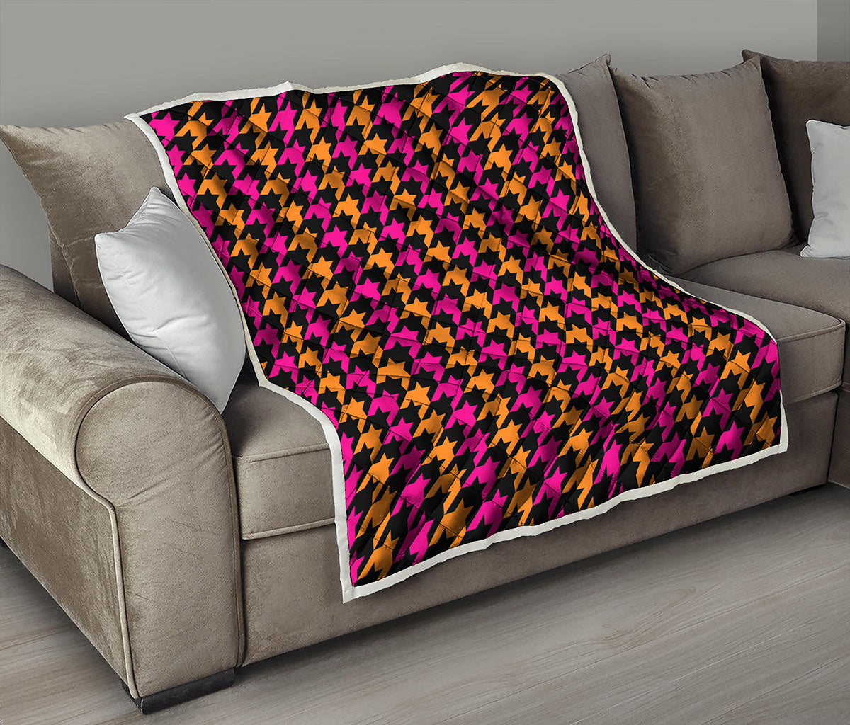 Orange Pink And Black Houndstooth Print Quilt