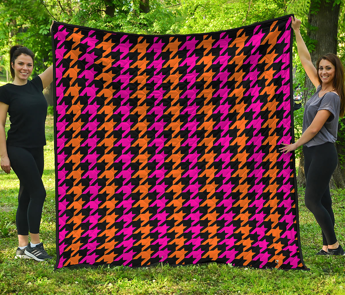 Orange Pink And Black Houndstooth Print Quilt