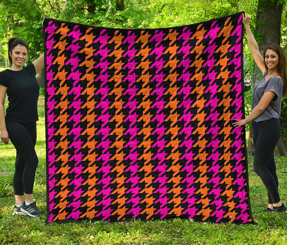 Orange Pink And Black Houndstooth Print Quilt