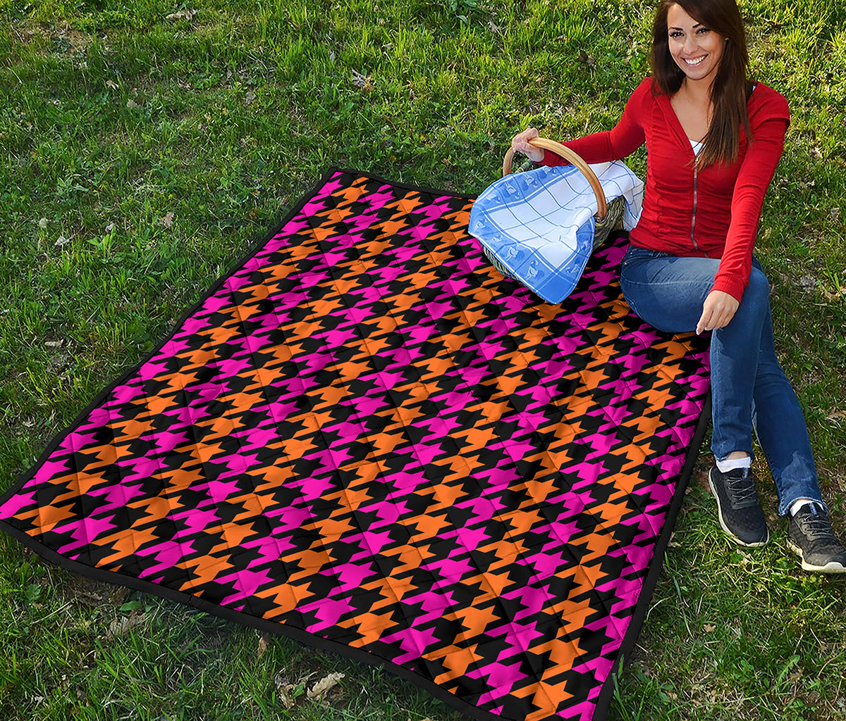 Orange Pink And Black Houndstooth Print Quilt