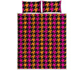 Orange Pink And Black Houndstooth Print Quilt Bed Set
