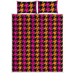 Orange Pink And Black Houndstooth Print Quilt Bed Set